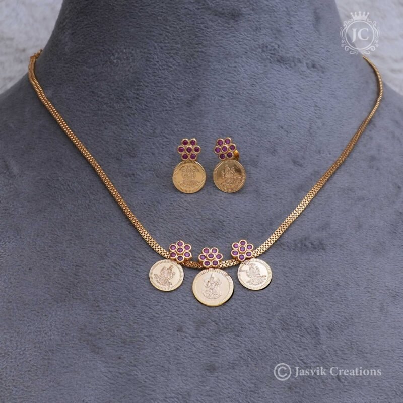 Real Gold 3 Coin with Flower necklace with Stud - JCNL183 - Image 3