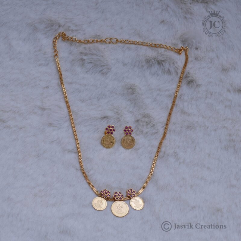 Real Gold 3 Coin with Flower necklace with Stud - JCNL183 - Image 2