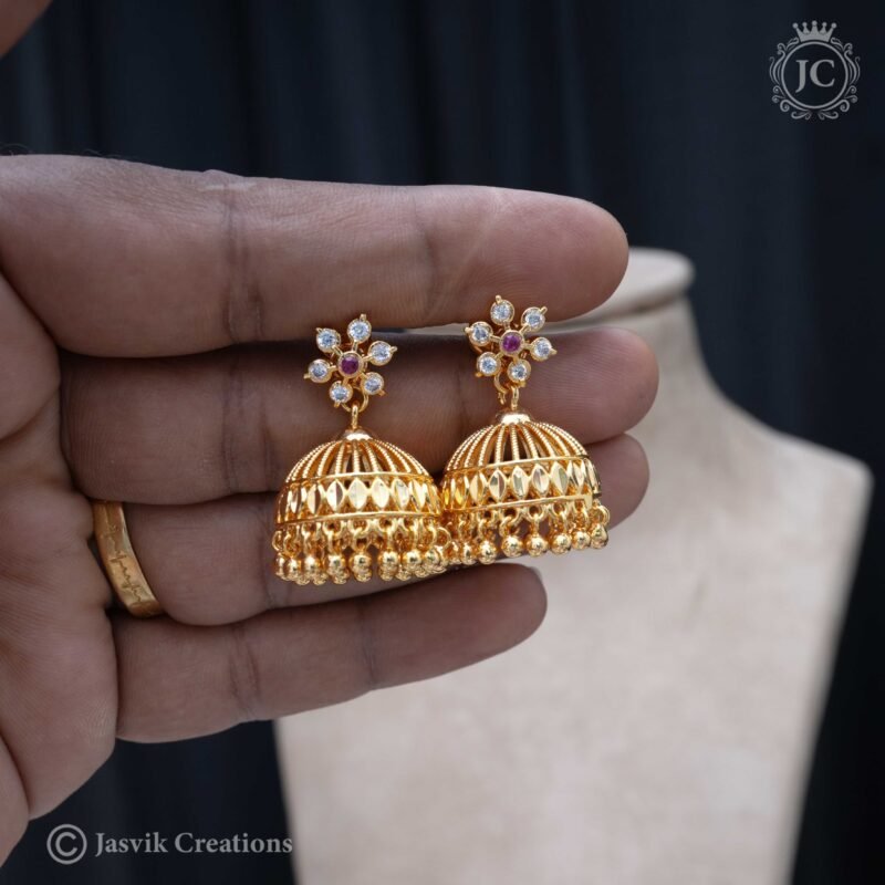 Diamond-Look-Stud-with-Detachable-Jhumka-(Red-white) - JCER317 - Image 2