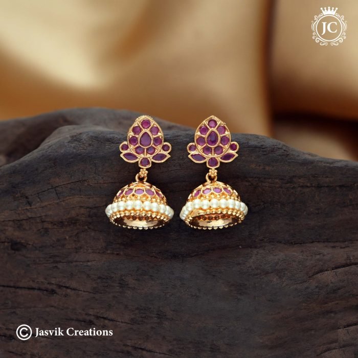 608 MicroplatedPearl withKemp Stone Jhumka- JCER608 - 399 (1)