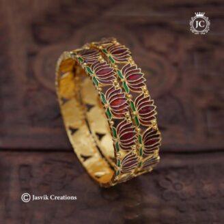Gold Finish Lotus Enamel Bangle - JCBN323