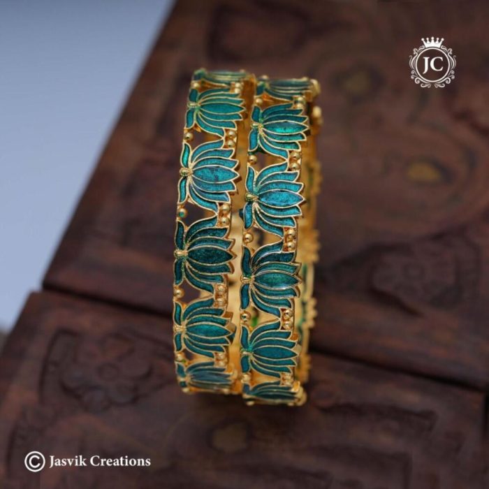 Gold Finish Lotus Eamel Bangle - 260 2 (3)