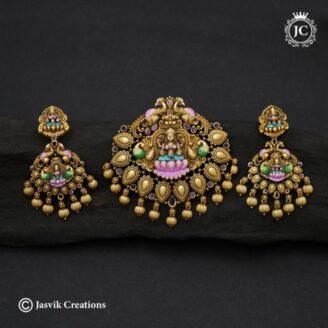 Hand Painted Real Gold Inspired Lakshmi Pendent Set - JCPT126