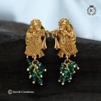 Radha Krishna Ear Rings with Green Beads - JCER752