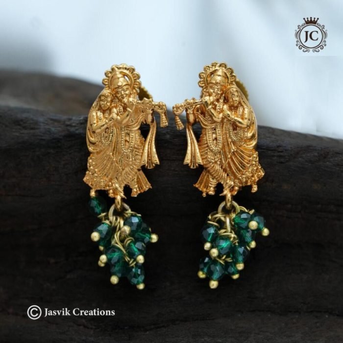 752 Radha Krishna Ear Rings with Green Beads -JCER752-199 752 Radha Krishna Ear Rings with Green Beads -JCER752-199