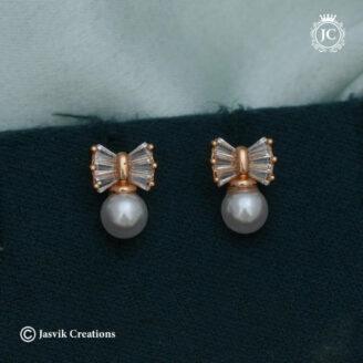 Elegant Rose Gold Bow & Pearl Studs Ear Rings - JCRG136
