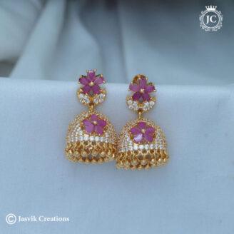 Microplated ( BIG SIZE ) AD Flower Red White Jhumka - JCER375