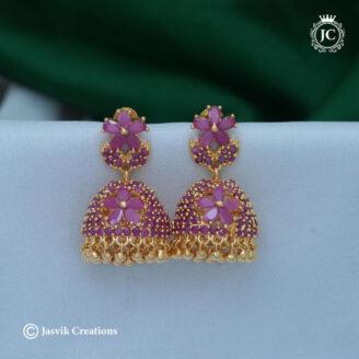 Microplated ( BIG SIZE ) AD Flower Full Red Jhumka - JCER407