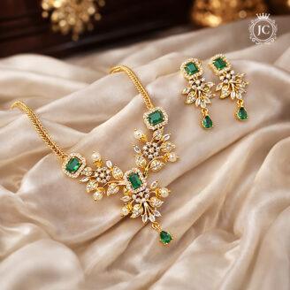 Premium Emerald & AD Stone Floral Necklace Set with Matching Earrings - JCNL847