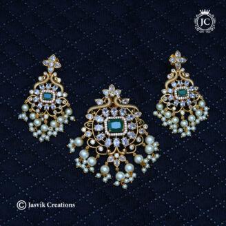 Antique Matte AD & Emerald Green Pendant Set with Pearl Clusters- JCPT151