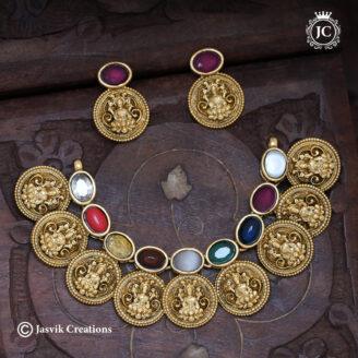 Premium Antique Navaratna Kasu Malai Crescent Pendant & Earring Set -JCPT154