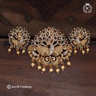Premium Antique Matte Peacock Dancing Plume AD Pendant Set - JCPT155
