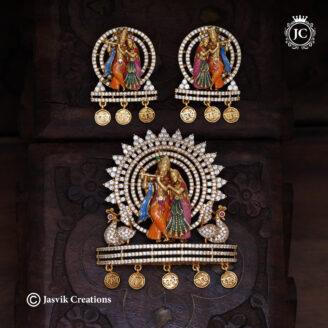Premium Meenakari Radha Krishna CZ Pendant Set with 'Radhe' Coins - JCPT156