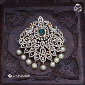 Premium  Twin Peacock AD Pendant with Emerald Green Center Stone - JCPT157