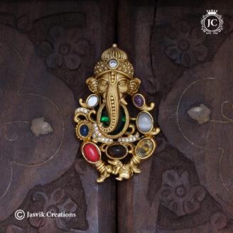 Premium Antique Matte Lord Vinayagar Navaratna Style Pendant - JCPT159
