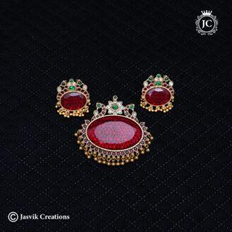 PremiumGold Replica Big Size Locket and Earrings Set with Intricate Red Latticework - JCPT166