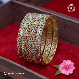 Elegant Dual-Tone Leaf Pattern Microplated Bangle Set - JCBN356