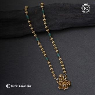 Divine Antique Vinayagar Ball Chain with Emerald Green Beads - JCCH739