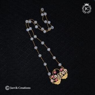 Double Floral Basket Ruby & White AD Dollar with Premium Crystal Bead Chain ( 24 Inch Only ) -JCCH744