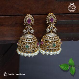 Premium Grand CZ Bridal Jhumkas with Pearl Droplets - JCER764