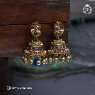 Premium Antique Peacock Kemp Jhumkas with Textured Drops - JCER766