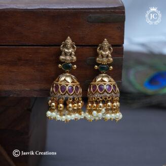 Premium Antique Kemp & CZ Goddess Lakshmi Jhumkas - JCER769