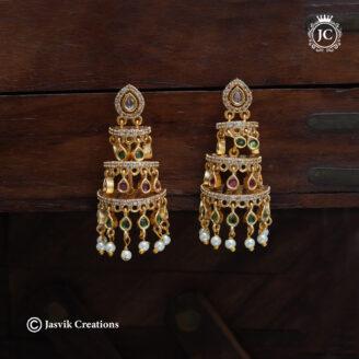 Premium Three-Tiered Step Layered CZ Jhumkas - JCER771