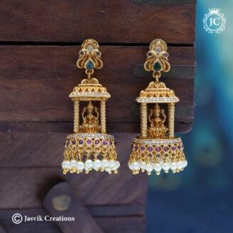Premium Antique Matte Goddess Lakshmi Gopuram Jhumkas with CZ & Ruby Accents - JCER785