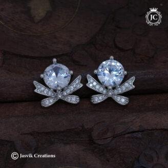 Chic Korean Style Silver Solitaire Stud Earrings with Pavé Bow Accent - JCER787