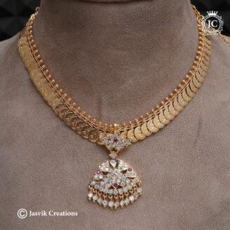 Traditional Coin Attikai Necklace with CZ and Ruby Accents - JCNL862