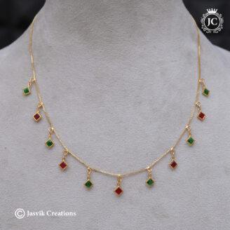 Premium Gold-Plated Ruby Red and Emerald Green Square Charms Stone Drop Necklace - JCNL868