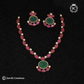 Royal Jadau Craftsmanship Green & Pink Kemp Necklace - JCNL884
