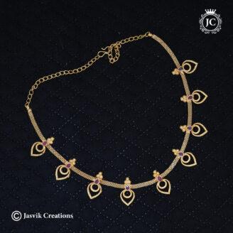 Kerala Pattern Gold Forming Necklace with Ruby Stone Leaf Motifs - JCNL885