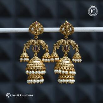 Premium Antique Kemp Floral Jhumka Earrings - JCER757