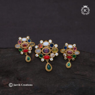 Royal Matte Gold Navratna Pendant and Earrings Set - JCPT175