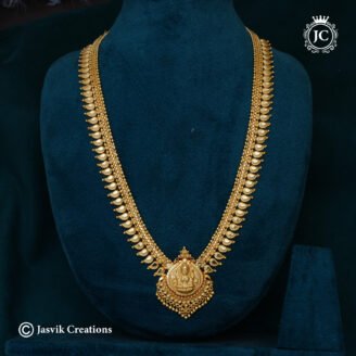 Premium Gold-Forming Mango Design Haram with Goddess Lakshmi Pendant - JCHM240