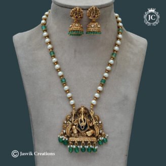 Traditional Antique Vinayagar Pendant, Pearl ; Green Bead Mid Haram Set - JCHM242