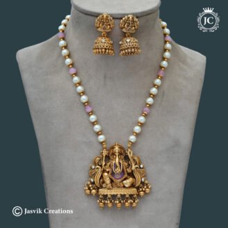 Traditional Antique Vinayagar Pendant ; Pink Bead Mid Haram Set - JCHM243