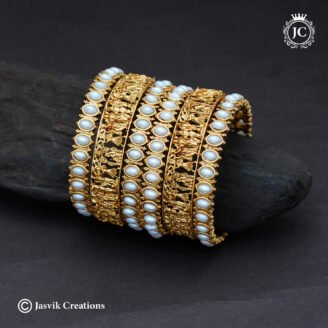 Antique Matte Finish Temple & Pearl Bangle Combo Set - JCBN376