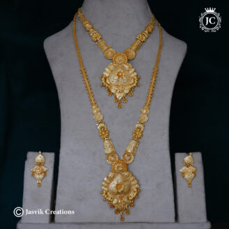Traditional Real Gold Look Forming Combo Set – Short Necklace, Long Haram & Earrings  - JCCM537