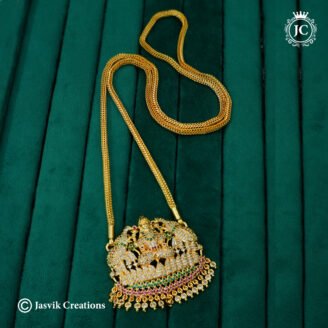 AD Stone Gajalakshmi Pendant Long Haram with Flexible Net Chain- JCCH770
