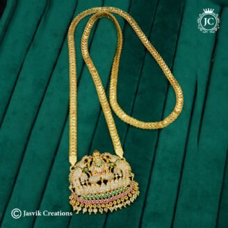 Divine AD Stone Gajalakshmi Pendant Long Haram with Flat Pattai Chain - JCCH771