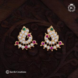 Impon Peacock Multi-Color Ruby, Emerald & White CZ Stone Stud Earrings - JCER801