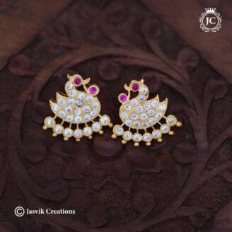 Impon Traditional Swan Stud Earrings with Ruby Red & White CZ Stones - JCER802