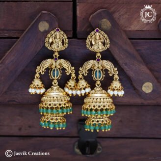 Premium Antique Gold Temple Jhumka Earrings with Goddess Lakshmi and Emerald Beads - JCER811