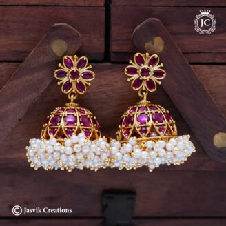 Handmade Real Kemp ( Ruby ) Jhumka Earrings with Clusters of Pearls - JCER812