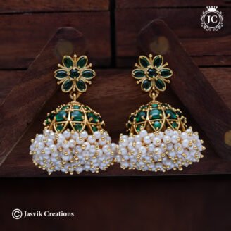 Handmade Real Green Kemp Jhumka Earrings with Clusters of Pearls - JCER813