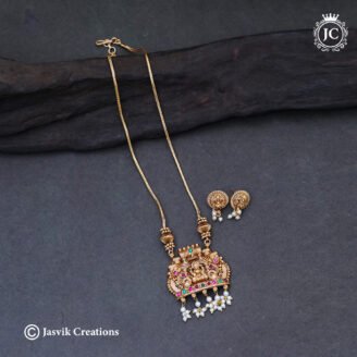Matte Finish Lakshmi Pendant Necklace Set with Matching Earrings - JCNL887