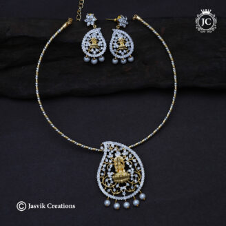Divine Goddess Lakshmi Mango/Paisley CZ Pendant Set with Twisted Hasli Chain & Pearl Drops - JCNL896