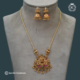 Matte Gold Plated Lakshmi Pendant Necklace Set with Jhumkas - JCNL905